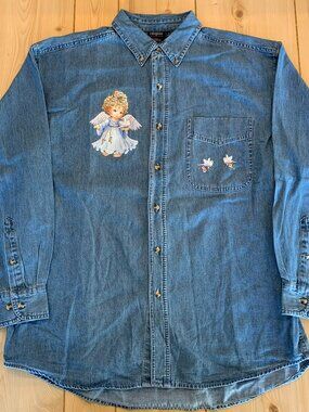Vintage 90s Ruth Morehead Angels Doves Religious Jesus God Bible Denim Shirt L